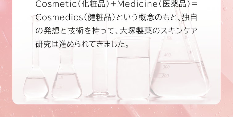Cosmetic（化粧品）＋Medicine（医薬品）＝Cosmedics（健粧品）という概念のもと、独自の発想と技術を持って、大塚製薬のスキンケア研究は進められてきました。