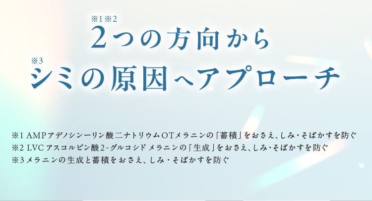 2つ※1※2の方向からシミ※3の原因へアプローチ ※1 AMPアデノシンーリン酸ニナトリウムOTメラニンの「蓄積」をおさえ、しみ・そばかすを防ぐ ※2 LVCアスコルビン酸2-グルコシドメラニンの「生成」をおさえ、しみ・そばかすを防ぐ ※3 メラニンの生成と蓄積をおさえ、しみ・そばかすを防ぐ