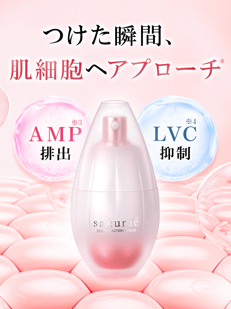 つけた瞬間、肌細胞へアプローチ AMP※3排出 LVC※4抑制 ※有効成分（AMP、LVC）が基定層まで浸透することによる