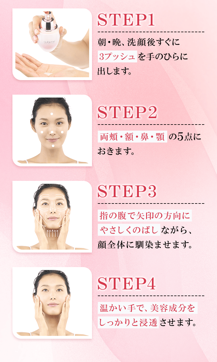 step1 朝・晩、洗顔後すぐに3プッシュを手のひらに出します。 step2 両頬・額・鼻・顎の５点におきます。 step3 指の腹で矢印の方向にやさしくのばしながら、顔全体に馴染ませます。 step4 温かい手で、美容成分をしっかりと浸透させます。