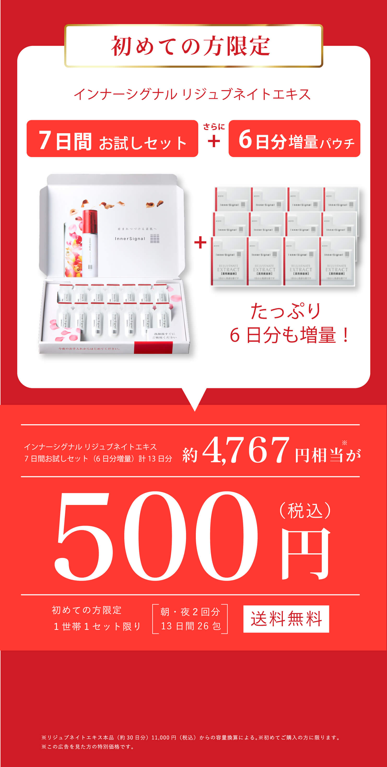 初めての方限定 インナーシグナルリジュブネイトエキス 7日間お試しセット（6日分増量）計13日分 約4,767円相当※5 初めての方限定500円（税込） 1世帯1セット限り 送料無料 ※5リジュブネイトエキス本品（約30日分）11,000円（税込）からの容量換算による。 ※初めてご購入の方に限ります。※この広告を見た方の特別価格です。