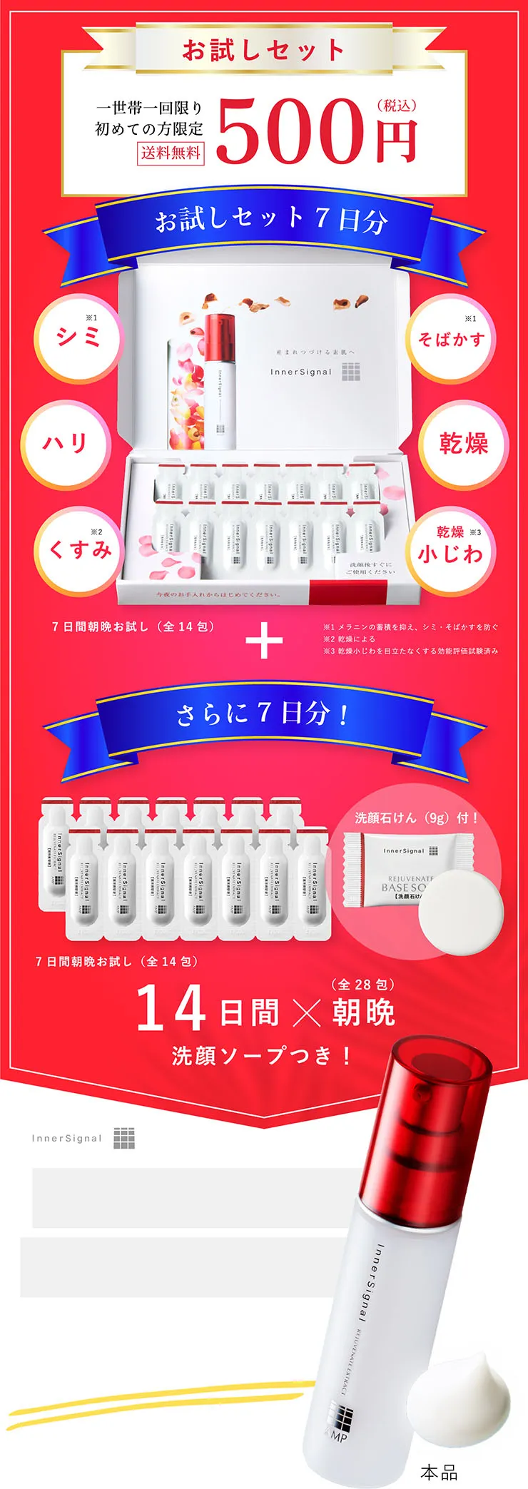 お試しセット　一世帯一回限り初めての方限定　送料無料500円（税込）お試しセット7日分さらに7日分！14日間×朝晩　全28包洗顔ソープつき！