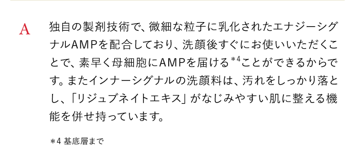 A 独自の製剤技術で、微細な粒子に乳化されたエナジーシグナルAMPを配合しており、洗顔後すぐにお使いいただくことで、素早く母細胞にAMPを届けることができるからです。またインナーシグナルの洗顔料は、汚れをしっかり落とし、「リジュブネイトエキス」がなじみやすい肌に整える機能を併せ持っています。 基底層まで