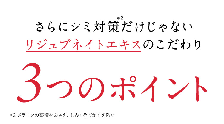 さらにシミ対策だけじゃないリジュブネイトエキスのこだわり 3つのポイント メラニンの蓄積をおさえ、しみ・そばかすを防ぐ