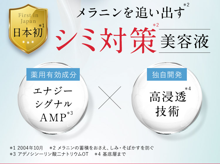 FirstinJapan 日本初 メラニンを追い出す シミ対策美容液 薬用有効成分 エナジーシグナルAMP 独自開発 高浸透技術  2004年10月メラニンの蓄積をおさえ、しみ・そばかすを防ぐ アデノシン一リン酸二ナトリウムOT基底層まで