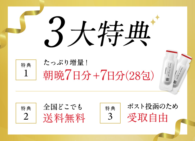 3大特典　特典1 たっぷり増量！朝晩7日分＋7日分28包　特典2 全国どこでも送料無料　特典3 ポスト投函のため受取自由
