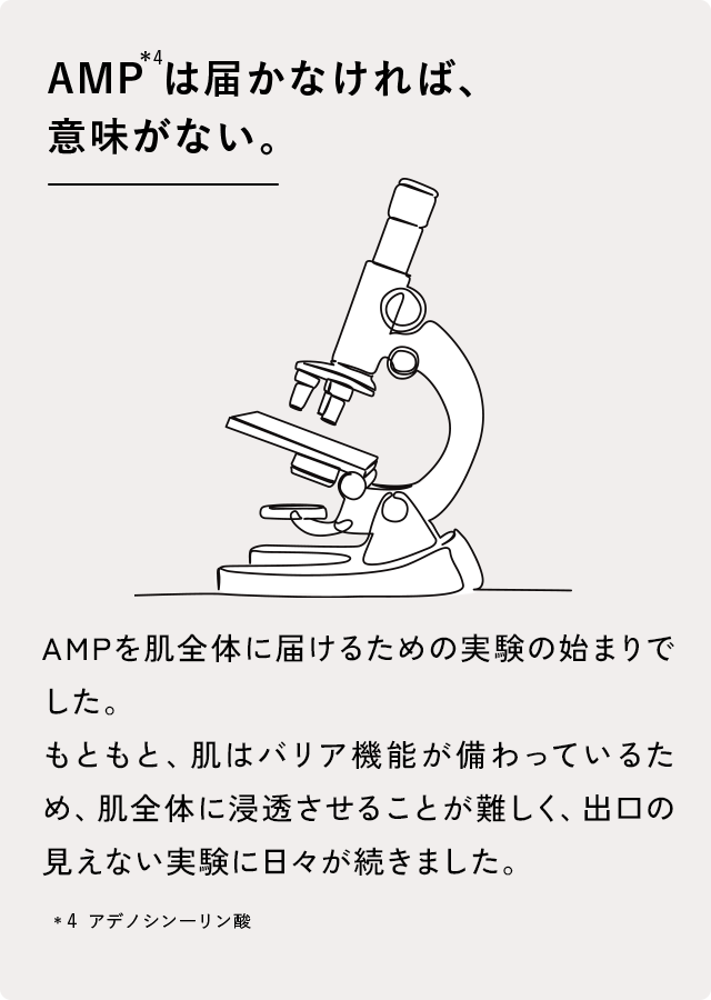 AMP*4は届かなければ、意味がない。 AMPを肌全体に届けるための実験の始まりでした。 もともと、肌はバリア機能が備わっているため、肌奥まで浸透させることが難しく、出口の見えない実験に日々が続きました。 *4 アデノシンーリン酸
