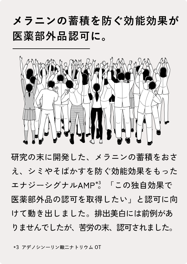 メラニンの蓄積を防ぐ効能効果が医薬部外品認可に。 研究の末に開発した、メラニンの蓄積をおさえ、シミやそばかすを防ぐ効能効果をもったエナジーシグナルAMP*3。「この独自効果で医薬部外品の認可を取得したい」と認可に向けて動き出しました。排出美白には前例がありませんでしたが、苦労の末、認可されました。 *3 アデノシンーリン酸二ナトリウムOT