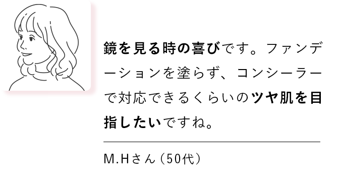 鏡を見る時の喜びです。ファンデーションを塗らず、コンシーラーで対応できるくらいのツヤ肌を目指したいですね。 M.Hさん（50代）