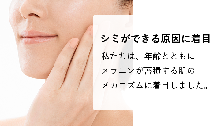 シミができる原因に着目 私たちは、年齢とともにメラニンが蓄積する肌のメカニズムに着目しました。