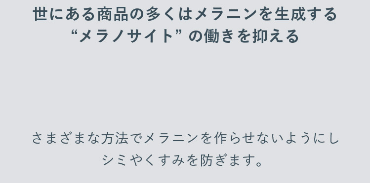 世にある商品の多くはメラニンを生成するメラノサイトの働きを抑える さまざまな方法でメラニンを作らせないようにしシミやくすみを防ぎます。